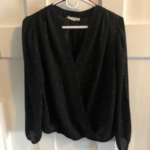 SOLD Black with light pink polka dots wrap blouse